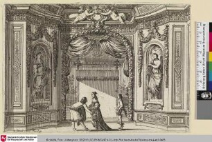 [Alkoven mit einem Paar davor und zwei Skulpturen in Nischen; Alcôve ornée à gauche, et à droite de statues dans des niches]