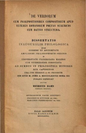 De verborum cum praepositionibus compositorum apud veteres Romanorum poetas scaenicos cum dativo structura