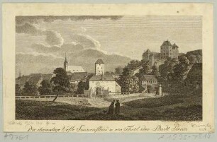 Pirna von der Südseite von der Landstraße mit dem Obertor vorn und der Festung Sonnenstein rechts, links die Stadt mit der Marienkirche, aus Schumanns Lexikon von Sachsen, 11. Band 1824