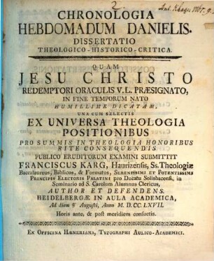 Chronologia hebdomadum Danielis : Diss. theol. hist. crit. (pro gradu)