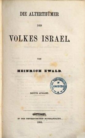 Geschichte des Volkes Israel bis Christus, [3,1]. Die Alterthümer des Volkes Israel : Anhang zum zweiten und dritten Bande