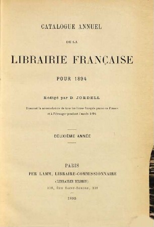 Catalogue annuel de la librairie française. 2. 1894
