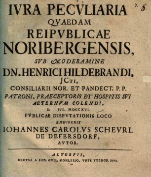 Ivra Pecvliaria Qvaedam Reipvblicae Noribergensis