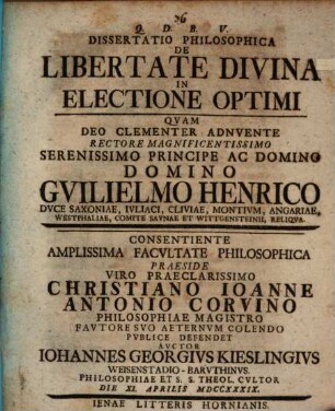 Diss. ... de libertate divina in electione optimi