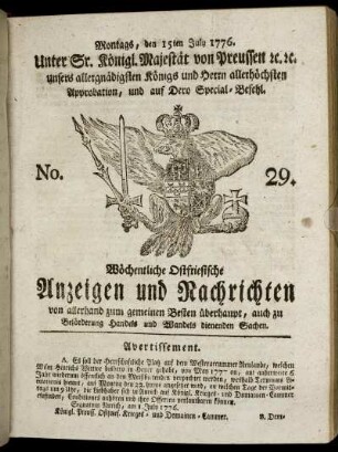 No. 29. Montags, den 15ten July 1776.