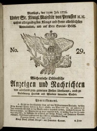 No. 29. Montags, den 15ten July 1776.