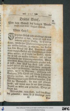 Dritter Brief. Von dem Genuß des heiligen Abendmals unter einer einzigen Gestalt.