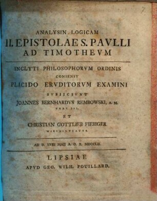Analysin logicam II. epistolae S. Paulli ad Timotheum