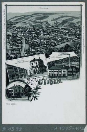 Gesamtansicht von Deuben (Freital) und Einzelansichten von Rathaus mit Krönert-Brunnen, Krönerstift und Elektrizitätswerk
