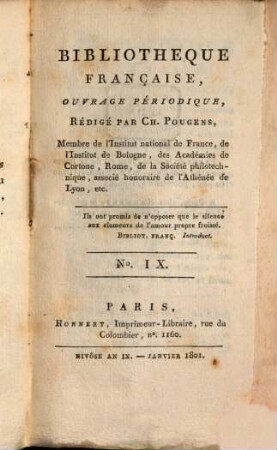 Bibliothèque française : ouvrage périodique. 1. 1801, 9 = Jan.