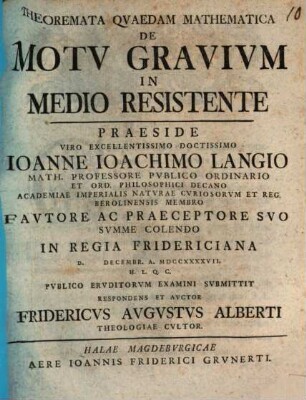 Theoremata quaedam mathematica de motu gravium in medio resistente