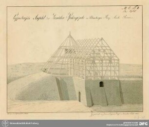Perspectivische Ansicht des Danieler Pferdegöpels im Schneeberger Berg-Amts Revier : UB Freiberg, I-II-78
