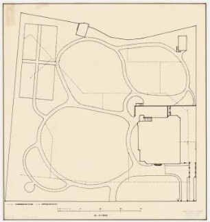 Garten Hartmann, Berlin-Grunewald Umgestaltung: Verlauf der Wasserleitungen und Lage der Sprenghähne auf einem Wegeplan des Gartens mit Gebäudeumrissen 1:200, Maßstabsleiste
