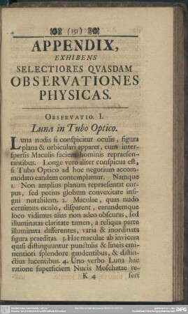 Appendix, Exhibens Selectores Quasdam Observationes Physicas