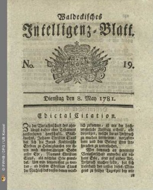 No. 19, Dienstag den 8. May 1781