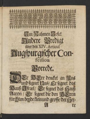 Im Nahmen Jesu! Andere Predigt über den XIV. Articul Augspurgischer Confession