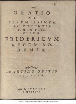 Oratio Ad Serenissimum Ac Potentissimum Principem Fridericum Regem Bohemiae