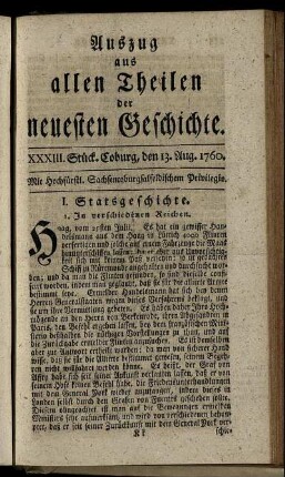 XXXIII. Stück. Coburg, den 13. Aug. 1760.