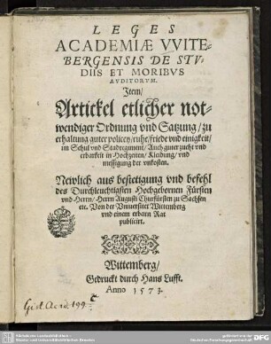 Leges Academiae Witebergensis de studiis et moribus auditorum