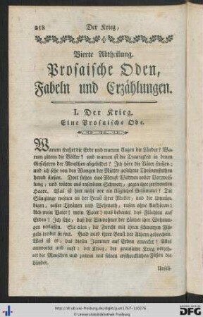 Vierte Abtheilung. Prosaische Oden, Fabeln und Erzählungen.