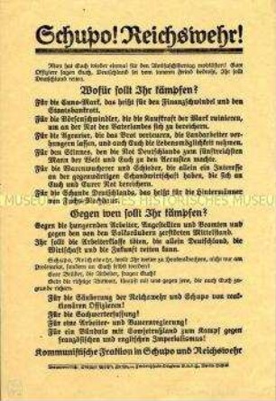 Flugblatt der Kommunistischen Fraktion in der Schutzpolizei und der Reichswehr gegen den Einsatz zum Antifaschistentag