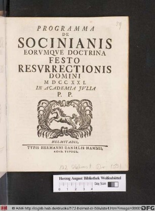 Programma De Socinianis Eorumqve Doctrina Festo Resvrrectionis Domini MDCCXXI. In Academia Jvlia P. P