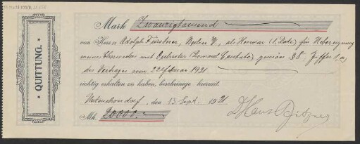 Quittung über Zwanzigtausend Mark für "Chorwerk[..] mit Orchester "