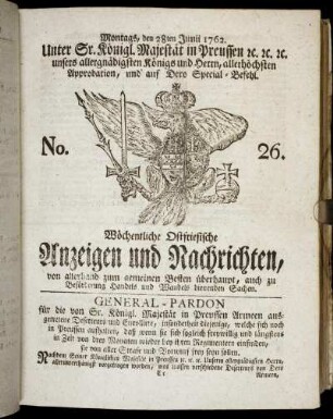 No. 26. Montags, den 28ten Junii 1762.