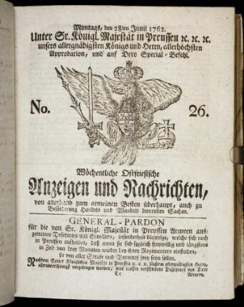 No. 26. Montags, den 28ten Junii 1762.