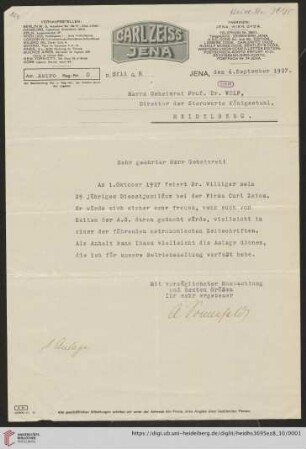 Briefe von Carl Zeiss (Jena) an Max Wolf: Brief von August Sonnefeld von Carl Zeiss (Jena) an Max Wolf
