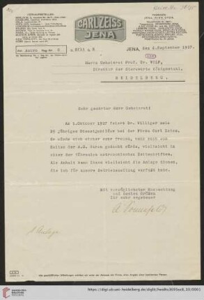 Briefe von Carl Zeiss (Jena) an Max Wolf: Brief von August Sonnefeld von Carl Zeiss (Jena) an Max Wolf