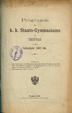 Programm des Staats-Gymnasiums in Troppau. 1887/88