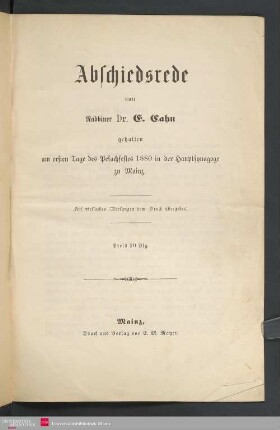 Abschiedsrede gehalten am ersten Tage des Pesachfestes 1880 in der Hauptsynagoge zu Mainz