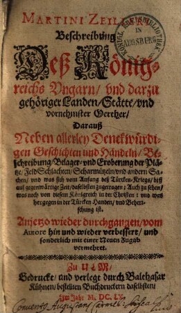 Beschreibung deß Königreichs Ungarn & darzu gehöriger Landen