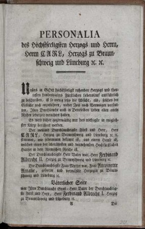 Personalia des Höchstseeligsten Herzogs und Herrn, Herrn Carl, Herzogs zu Braunschweig und Lüneburg [et]c.