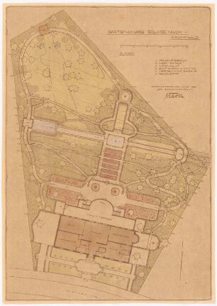 Garten Nasch, Berlin-Grunewald: Grundriss der geplanten Gartenanlage mit Grundriss des Wohnhauses, Höhenlinien und Legende 1:200, Maßstabsleiste