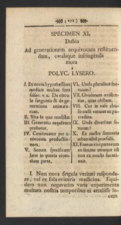Specimen XI. Dubia Ad generationem acquivocam restituendam, ovulaque infringenda mota a Polyc. Lysero