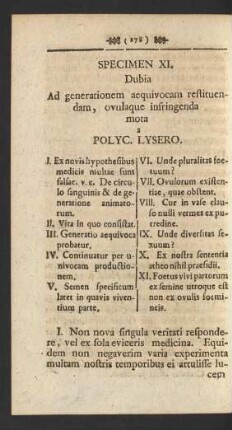 Specimen XI. Dubia Ad generationem acquivocam restituendam, ovulaque infringenda mota a Polyc. Lysero