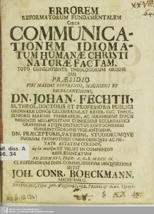 Errorem Reformatorum Fundamentalem Circa Communicationem Idiomatum Humanae Christi Naturae Factam ...