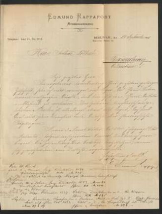 Briefe von Edmund Rappaport, Münzenhandlung, Berlin : 16.09.1898 - 19.09.1898