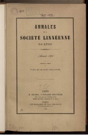 43: Annales de la Société Linnéenne de Lyon et des Société Botanique de Lyon, Société d'Anthropologie et de Biologie de Lyon réunies