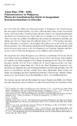 Anton Baur (1780 - 1840). Prämonstratenser in Wadgassen, Pfarrer der konstitutionellen Kirche in Saargemünd, Kreissteuereinnehmer in Ottweiler
