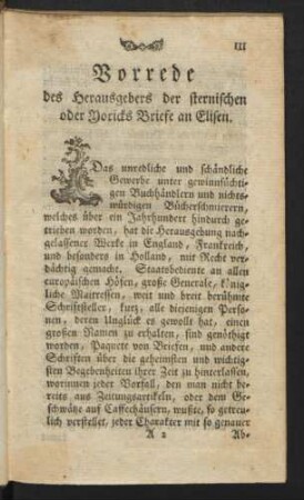 Vorrede des Herausgebers der sternischen oder Yoricks Briefe an Elisen