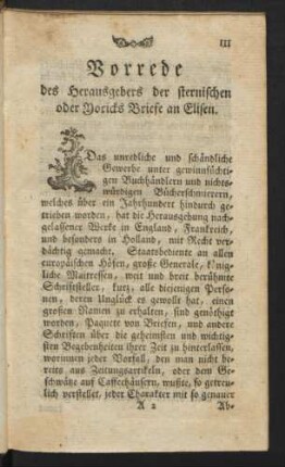 Vorrede des Herausgebers der sternischen oder Yoricks Briefe an Elisen