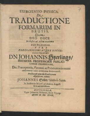 Exercitatio Physica. De Traductione Formarum In Brutis