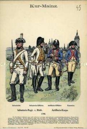Uniformdarstellung, Gemeiner und Offizier der Infanterie, Offizier und Kanonier der Artillerie, Kurfürstentum Mainz, 1790.