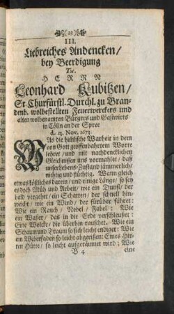 III. Liebreiches Andencken/ bey Beerdigung Herrn Leonhard Kubitzen ...