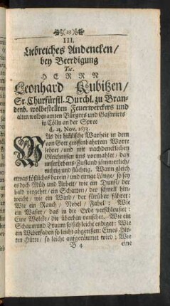 III. Liebreiches Andencken/ bey Beerdigung Herrn Leonhard Kubitzen ...