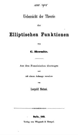 Uebersicht der Theorie der Elliptischen Funktionen