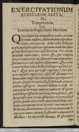 Exercitationum Ethicarum Sexta, De Temperantia